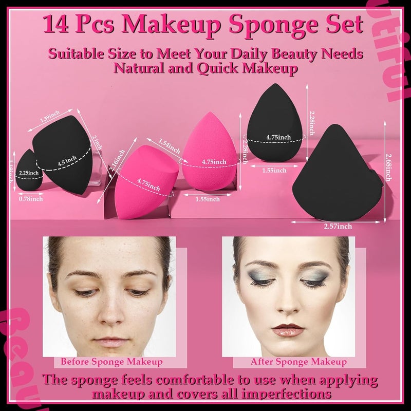 AuraRay 14 Pcs Makeup Sponges,Beauty Sponges Blender with 4 Pcs Powder Puff and 4 Pcs Mini Make up Sponges Valentine's Day Gift,Mother's Day Gift for Women Liquid,Foundation,Powder,Concealer(Black,Hot pink) - Image 3